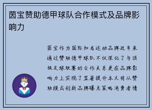 茵宝赞助德甲球队合作模式及品牌影响力