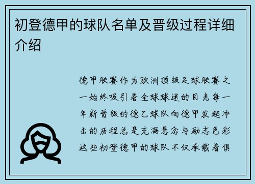 初登德甲的球队名单及晋级过程详细介绍