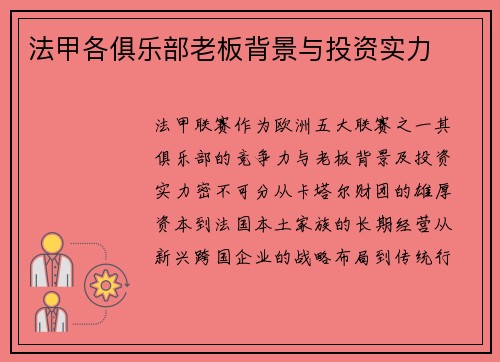 法甲各俱乐部老板背景与投资实力