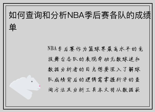 如何查询和分析NBA季后赛各队的成绩单