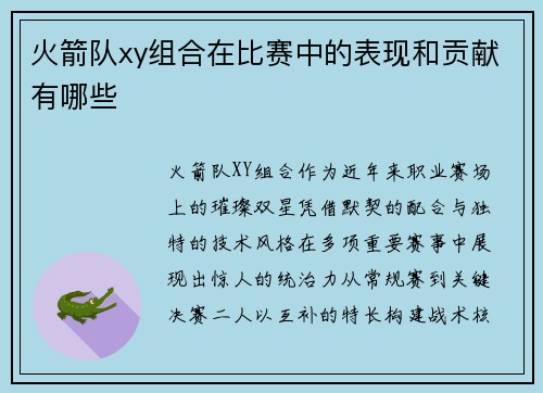 火箭队xy组合在比赛中的表现和贡献有哪些